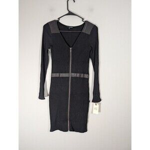 NWOT Astars Dress Women Sz XS Black Long Sleeve V-Neck Knit Ribbed Mini Full Zip